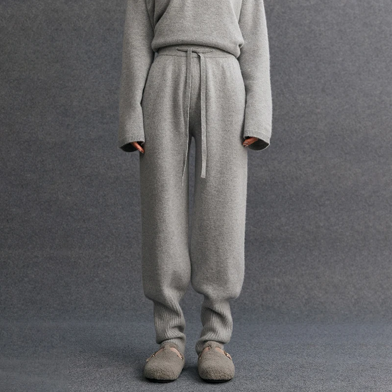 High quality Autumn Winter Women's Pure Cashmere Sport Pants Elastic Waist Loose Leg Pencil Pants 100% Cashmere Knitted Trousers