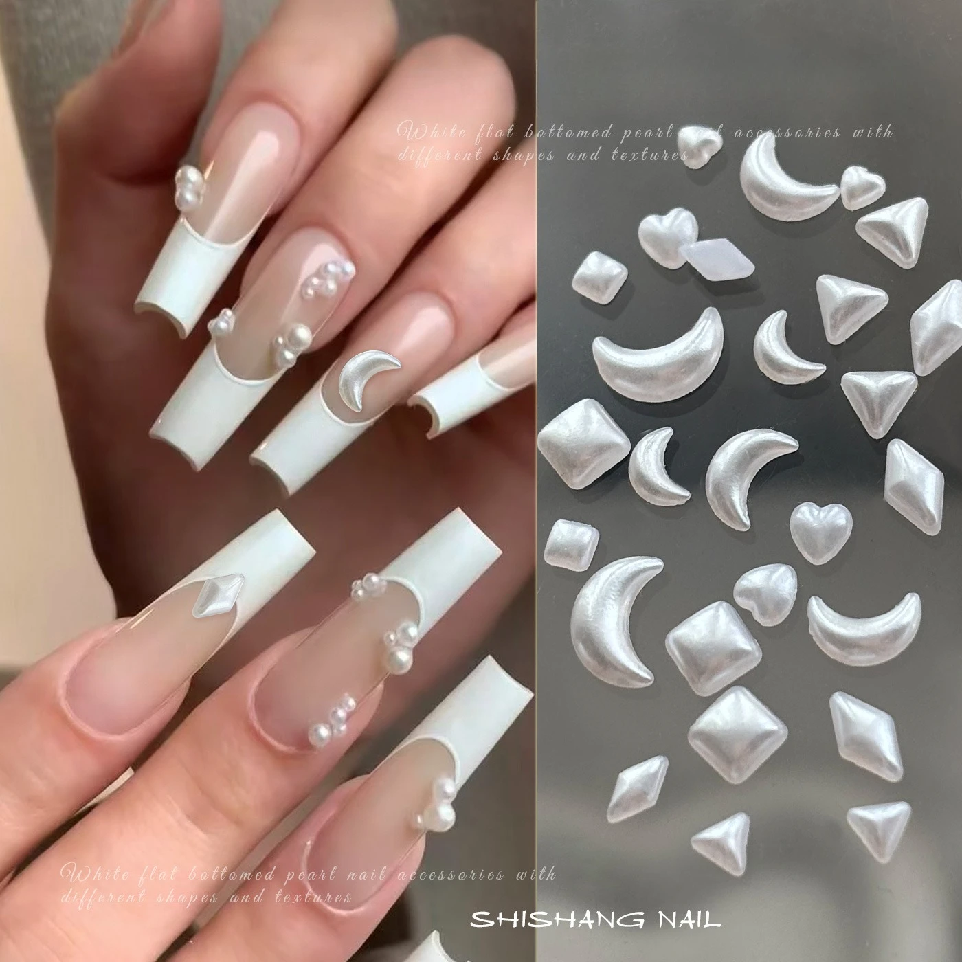 200Pcs White Flatback Irregular Pearls Heart Moon Oval Diamond Nail Charms for DIY Press On Nails Manicure Decoration