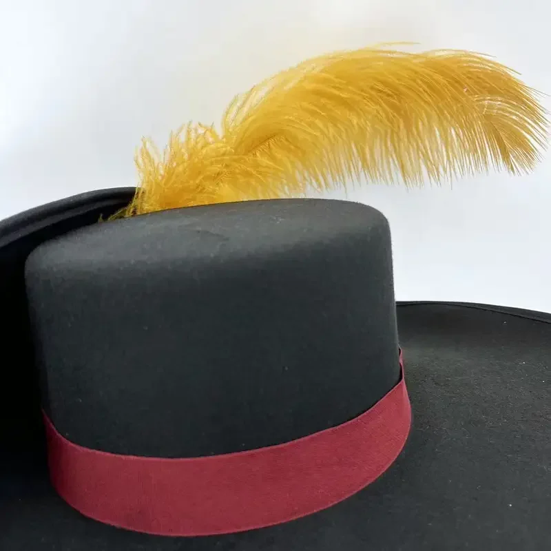 UU9 Шляпа в испанском стиле Musketeer, шерстяная кепка для косплея, черная испанская императорская пехота, мужская средневековая шляпа от 56 до 58 см, размер головы для X8Io)