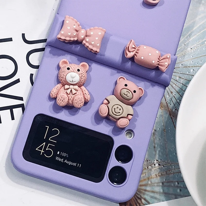 For Samsung Galaxy Z Flip 6 5 4 3 5G Purple Mobile Phone Case Fashion DIY Cute Cartoon Candy Cow Bear Hinge Protective Cover