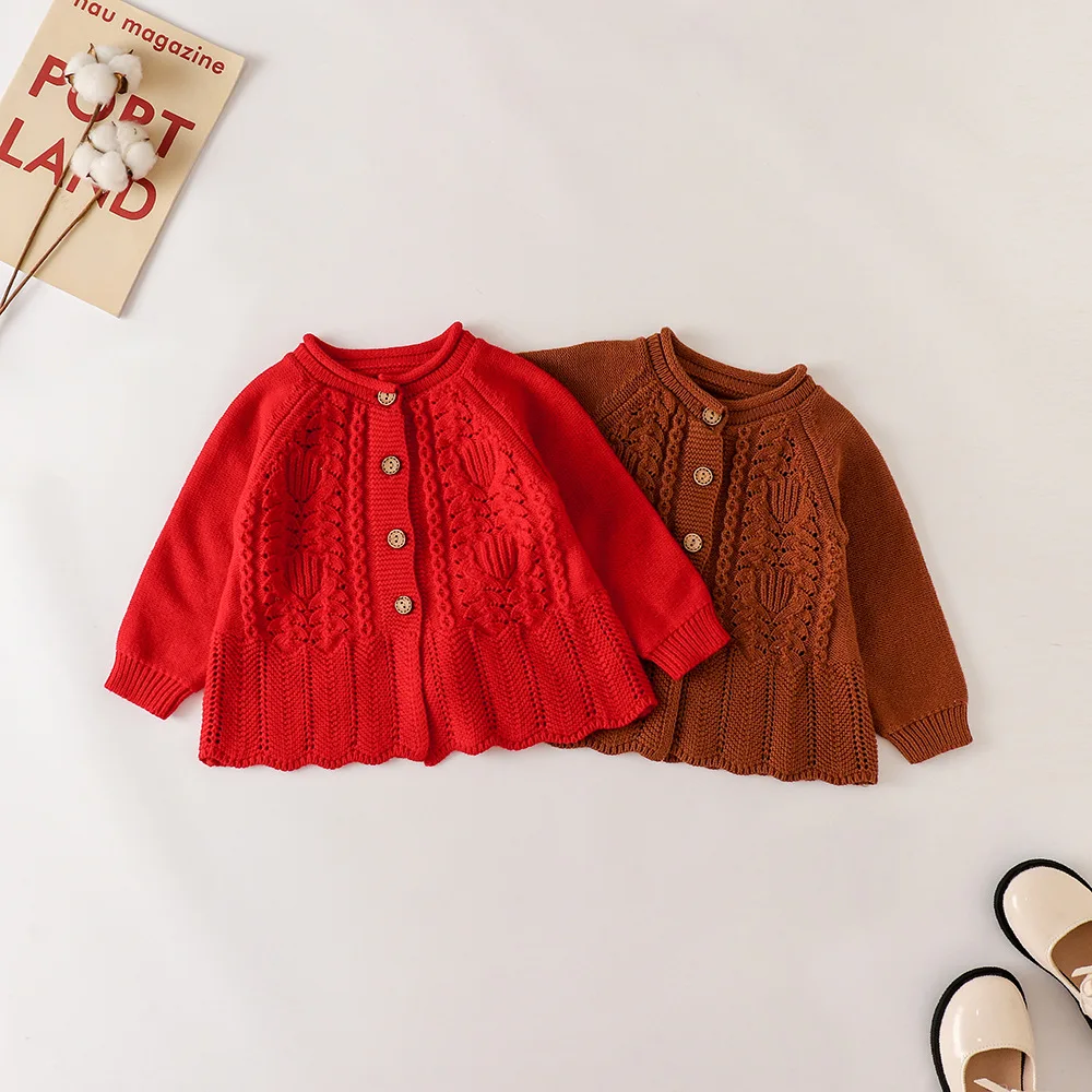 Autumn 2025 0-3 Years Old Infants and Baby Girls Lotus Leaf Swing Cotton Yarn Knitted Long Sleeve Sweater Cardigan Jacket