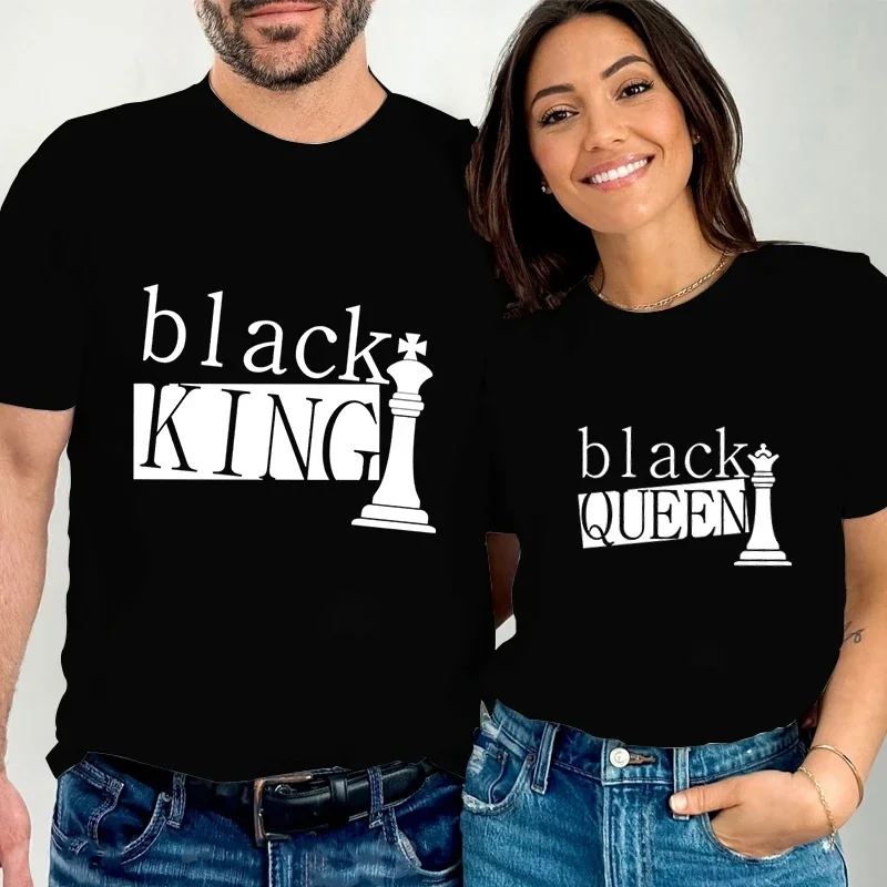 Fashion Trend Lovers T-Shirt Chess Pattern Girl Boy Black King Black Queen Print Couple T-Shirt Loose and Breathable T-shirt