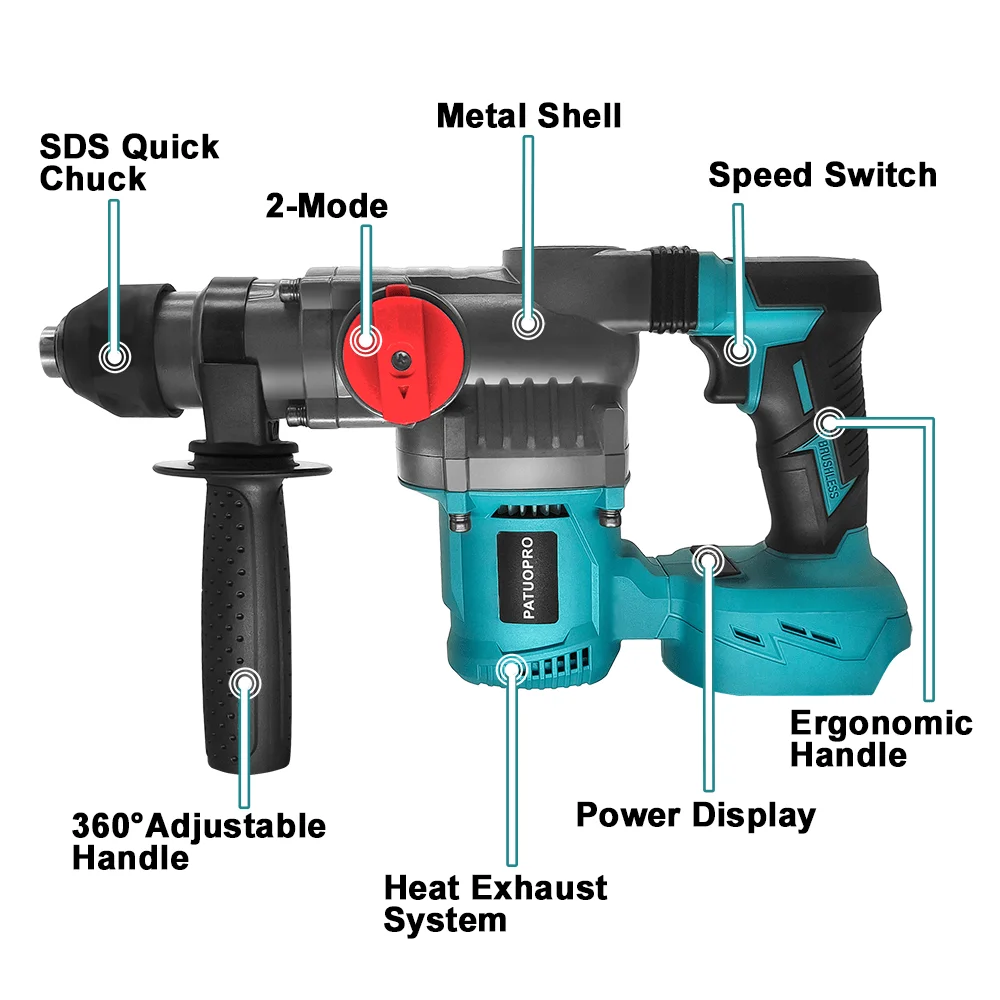 PATUOPRO 2-Mode Adjustable Electric Impact Hammer Drill 26MM Multifunctional Rechargeable Rotary Hammer For Makita 18V Battery