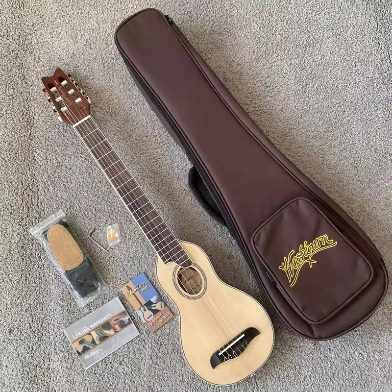 Mini Size Classical Guitar Natural Spruce Solid Top Nylon String with Bag Travel Guitar for Beginner