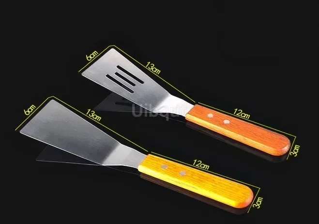 Stainless Steel Steak Fried Shovel Spatula Pizza peel Grasping Cutter Spade Pastry BBQ Tools Wooden Rubber Handle Kitchen turner