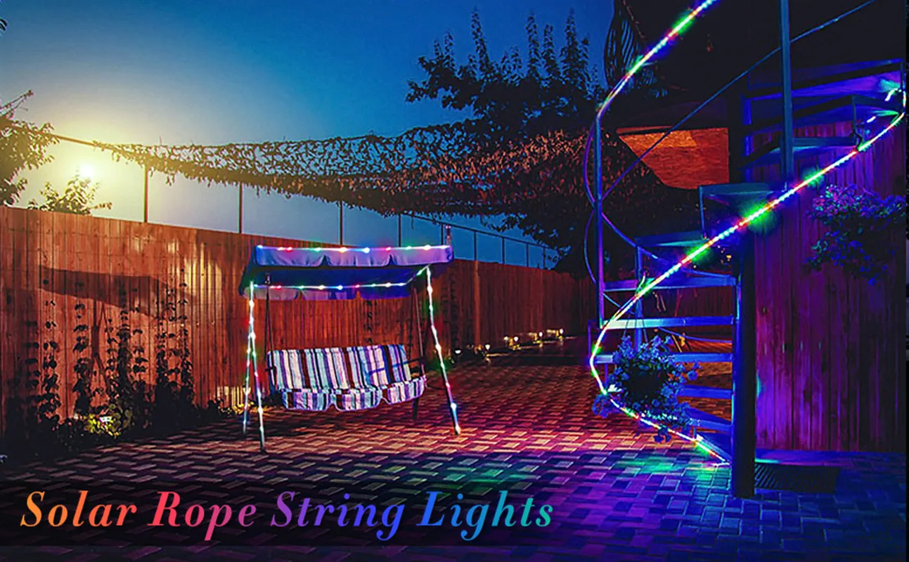 Solar Rope Lights, impermeável alimentado, USB, tubo de LED, Fairy Lights para jardim ao ar livre, Decorações de rua, RGB, 5 m, 10 m, 20m, 8 modos