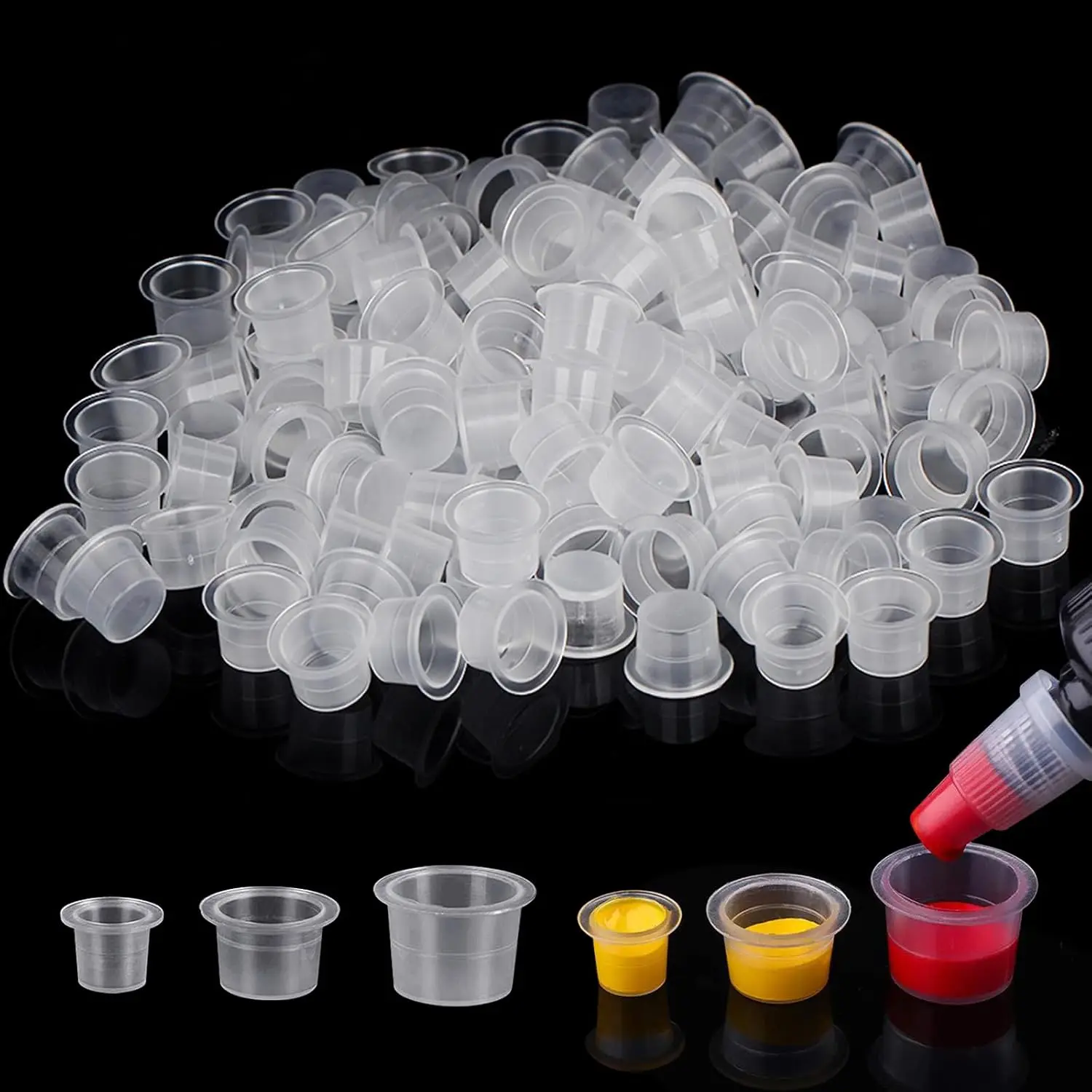 300 Pcs Disposable Tattoo Ink Cups - Clear Ink Caps in 3 Sizes for Tattoo & Permanent Makeup Artists