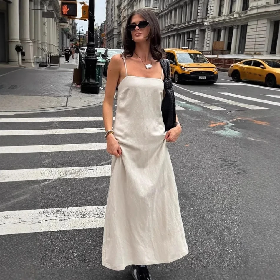 

2026 Spring Summer Commute Khaki Color Strapless Dress Women Fashion Loose A Line Long Skirt Temperament Versatile