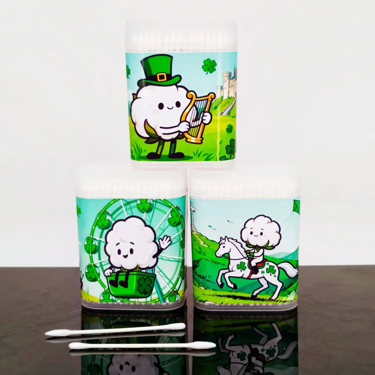 200 peças/400 peças cotonete de algodão com tema do dia de São Patrício cotonete de algodão branco de eixo fino cotonete de presente