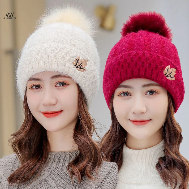 

Winter Warm Hats For Women New Fashion Korean Rabbit Blends Thick Warm Knitted Hat Bonnets Skullies Beanie Hat