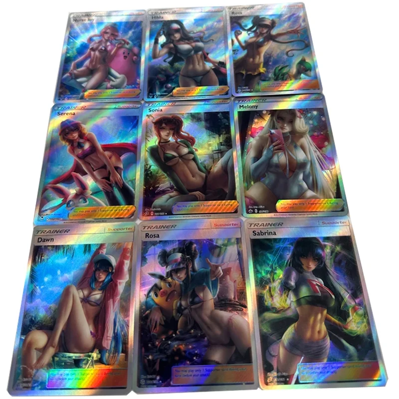 9Pcs/set Pokemon Trainer Sonia Serena Dawn Rosa Sabrina Melony Nurse Joy Sexy Anime Girl Game Collection Cards Toy Birthday Gift