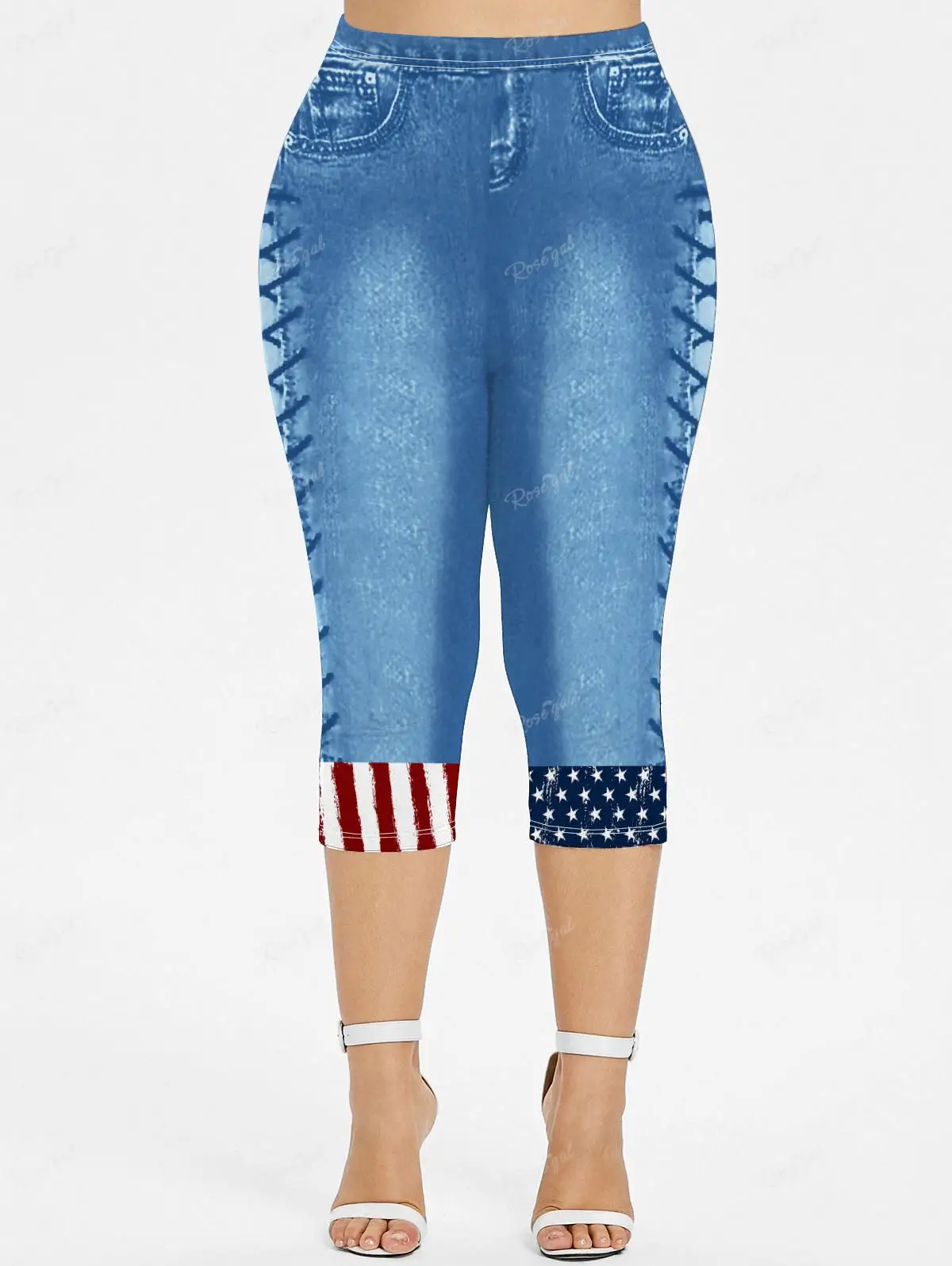 Imagem -04 - Rosegal-t Estampado com Bandeira Americana e Leggings Capri para Mulheres Roupas Tamanho Grande Jeans 3d Gráfico Patriótico Conjunto de Correspondência Extragrande