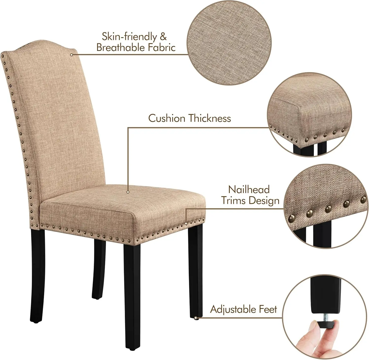 Dining Chairs Upholstered  Chairs Kitchen Living Room Chairs with Rubber Wood Legs & Nailhead Trim, Fabric Side