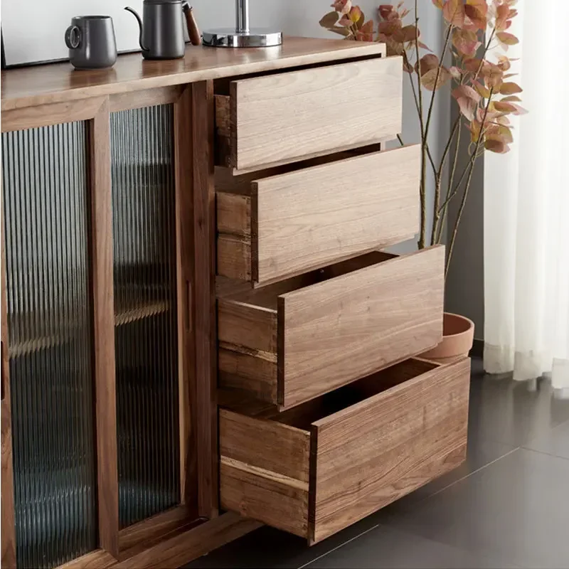 Nordic solid wood black walnut side cabinet modern simple white oak cherry wood side cabinet glass storage wine