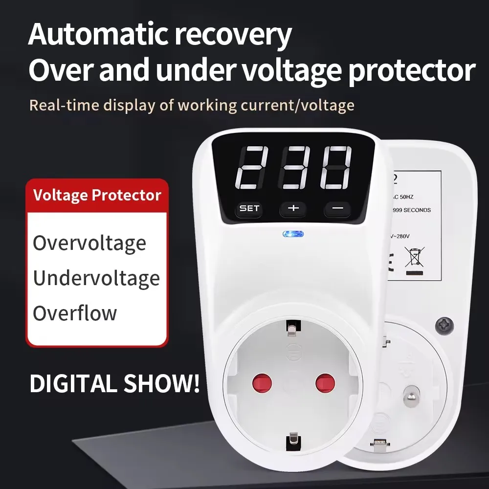 16A 230V Automatic Voltage Protector Switch Adjustable Power Surge Protection EU Socket Type Volt Safe For Home Appliances