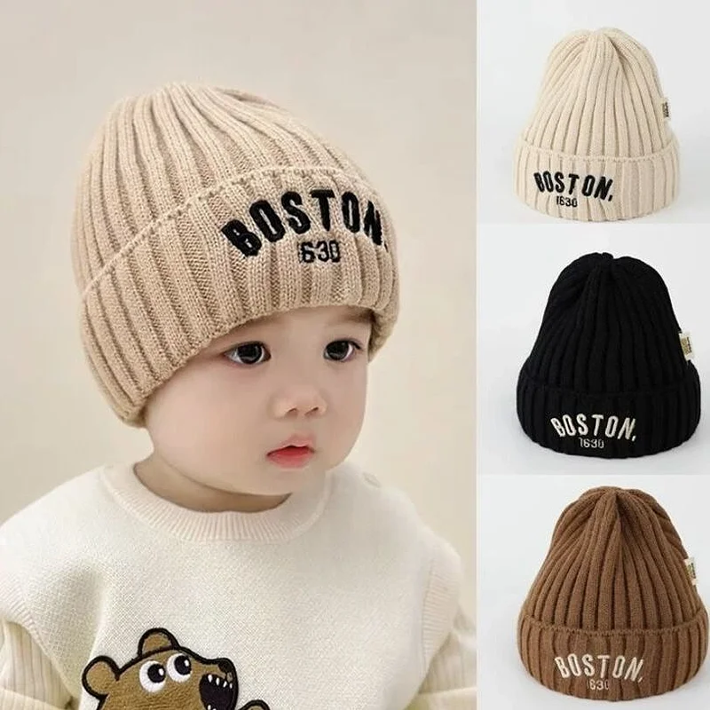 Autumn Winter Baby Embroidery Letter Knitting Caps Kid Boy Solid Warm Beanies Girl Children Fashion Casual Hat Infant Soft Caps