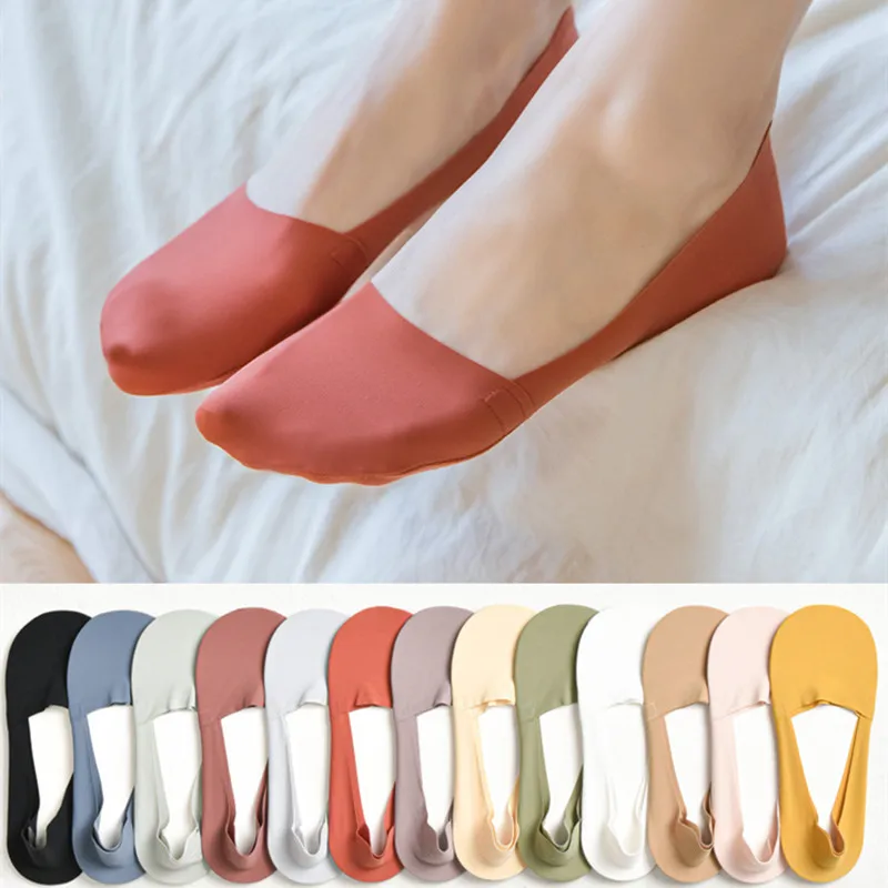 1pair Silicone Short Socks Women Anti-slip Socks Summer Sweat Cotton Sock Solid Color Thin Invisible Ice Silk Socks