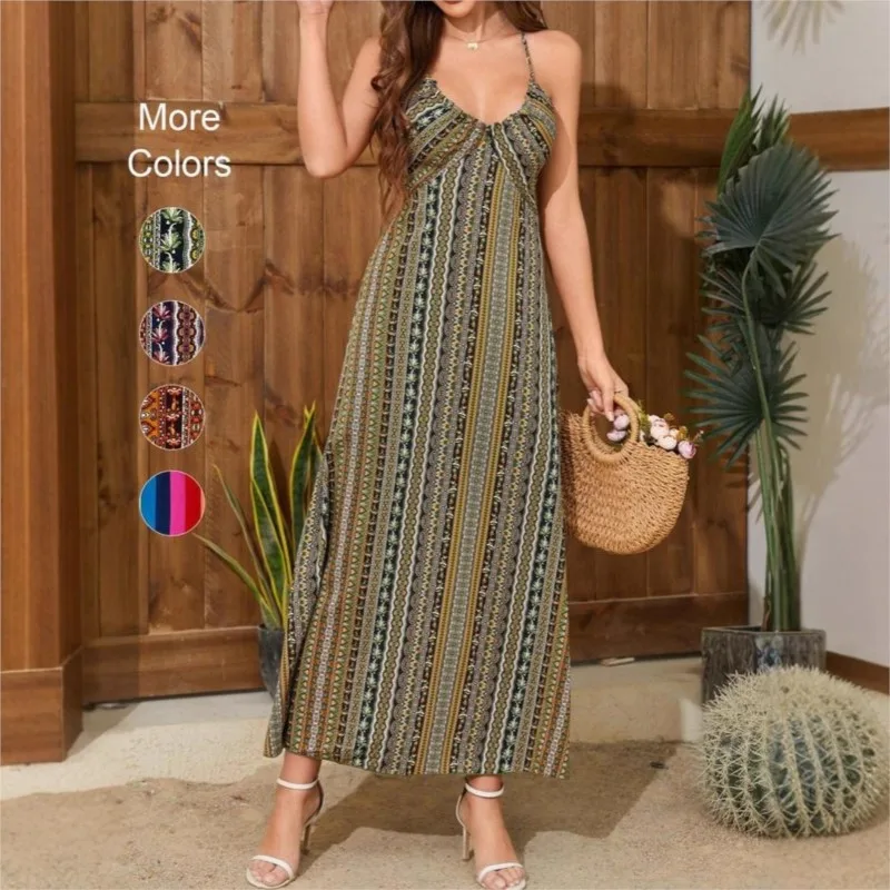 Abito sexy da donna con motivo estivo senza schienale e coscia divisa da donna Boho Fashion con volant e maxi abiti per le vacanze al mare