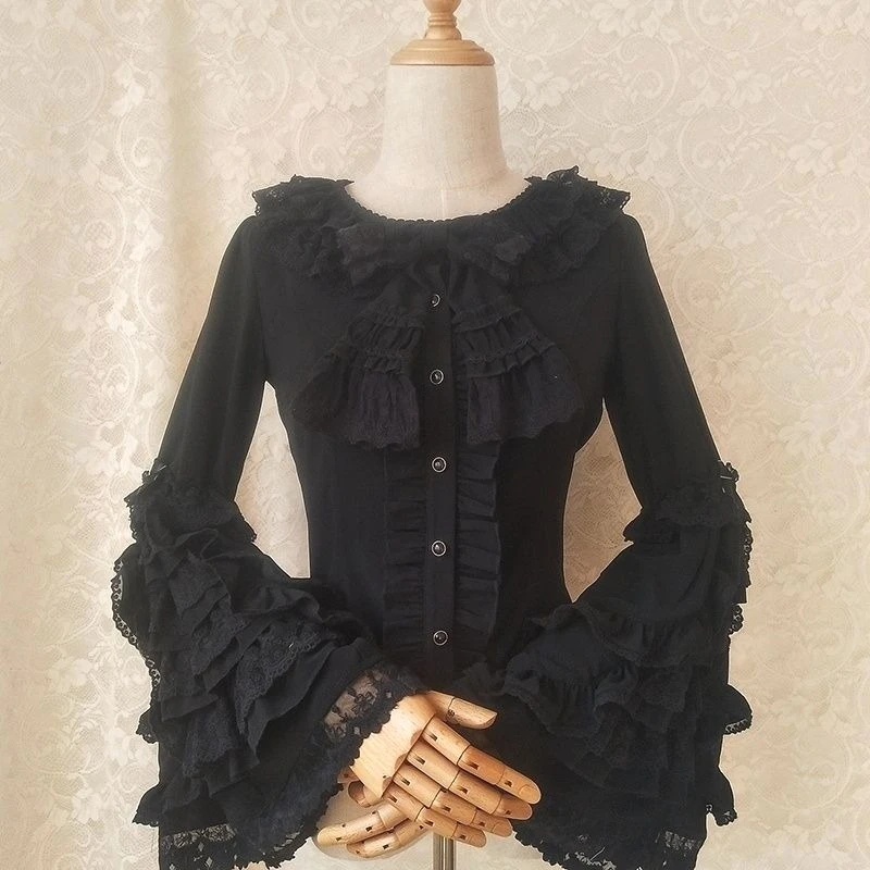 Camisas japonesas medievales victorianas Vintage Lolita para mujer, Blusas elegantes y dulces acampanadas de manga larga ajustadas Y2k, Blusas góticas para mujer