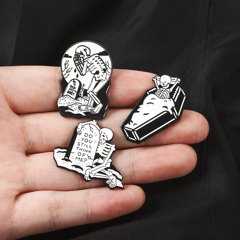 Punk dark humor Badge Gift for friends Lapel Pins jewelry for Jeans cap bag Lonely death enamel  Pins Skeleton coffin grave Pin