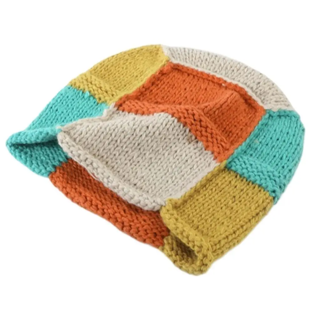 Stylish Gradient Plush Hat Handmade Split Color Woolen Hat Stripe Beanie Cap Knitted Hat Women