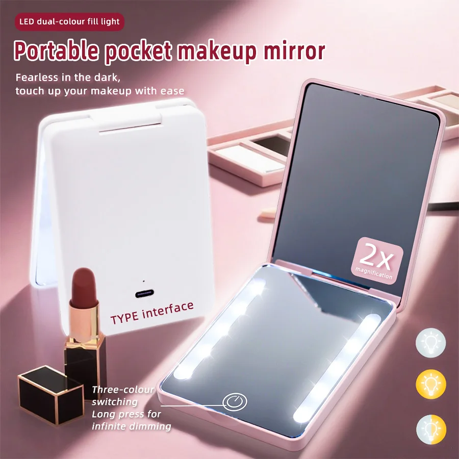 LED 3-Color Dimmable Double-Sided Mirror (HD + 2x) - Ultra-Thin Foldable, Ins Style, Travel Touch-Up, Gift for Women