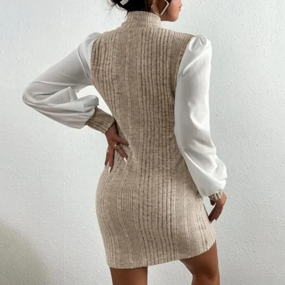 Women Dress Slim Fit Patchwork High Collar Ribbed Sheath Dress Contrast Color Long Sleeve Tight Waist Above Knee Commute Dress