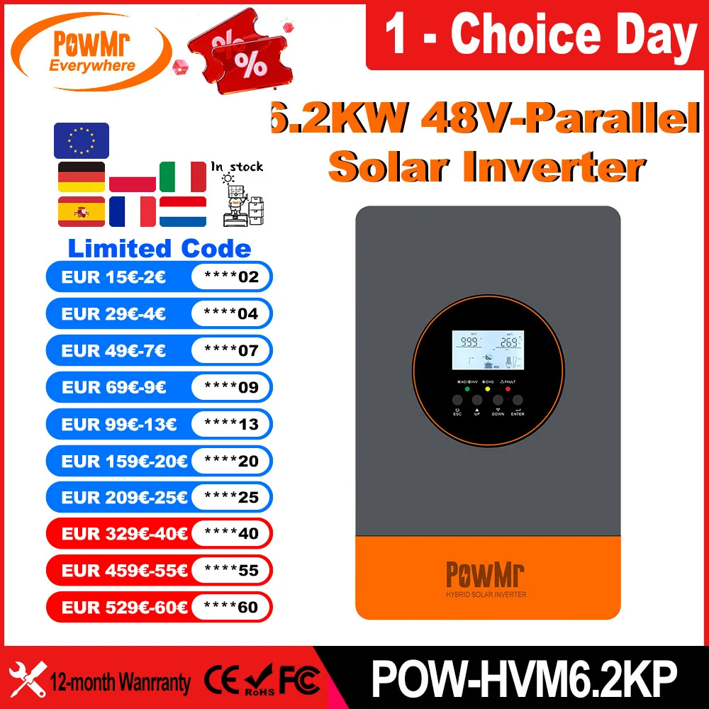 PowMr EU 6.2KW Ibrido solare invertito parallelo FINO a 9 unità da 48 V a 230 V CA/380 V CA Uscita PV 500 V CC con controller solare MPPT 120 A