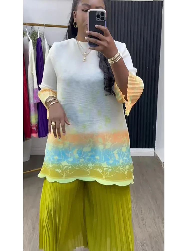 

ANLAN Miyake High Elasticity Pleated Pants Suit Gradient Color Plus Size Loose Casual Temperament Two-piece Suit Evening Dresses