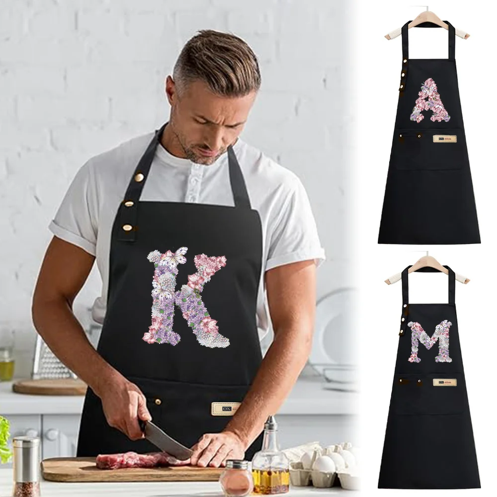 Apron Cook Clothes Kitchen Essential Adjustable Straps Multiple Pockets Baking Accessory Waterproof Stain-Resistant rose flower