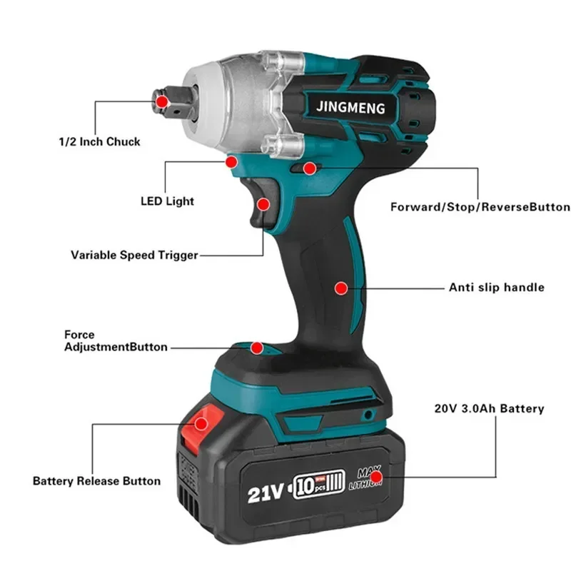 Cordless Electric Impact Wrench Power Tool Brushless Electric Wrench Hand Drill Socket For 21V Battery