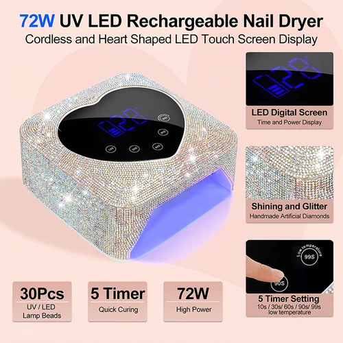 Imagen 2 del producto Lámpara LED UV recargable para uñas, luz UV inalámbrica de 72W para uñas con diamantes de imitación en forma de corazón, máquina de manicura y pedicura, herramientas para uñas