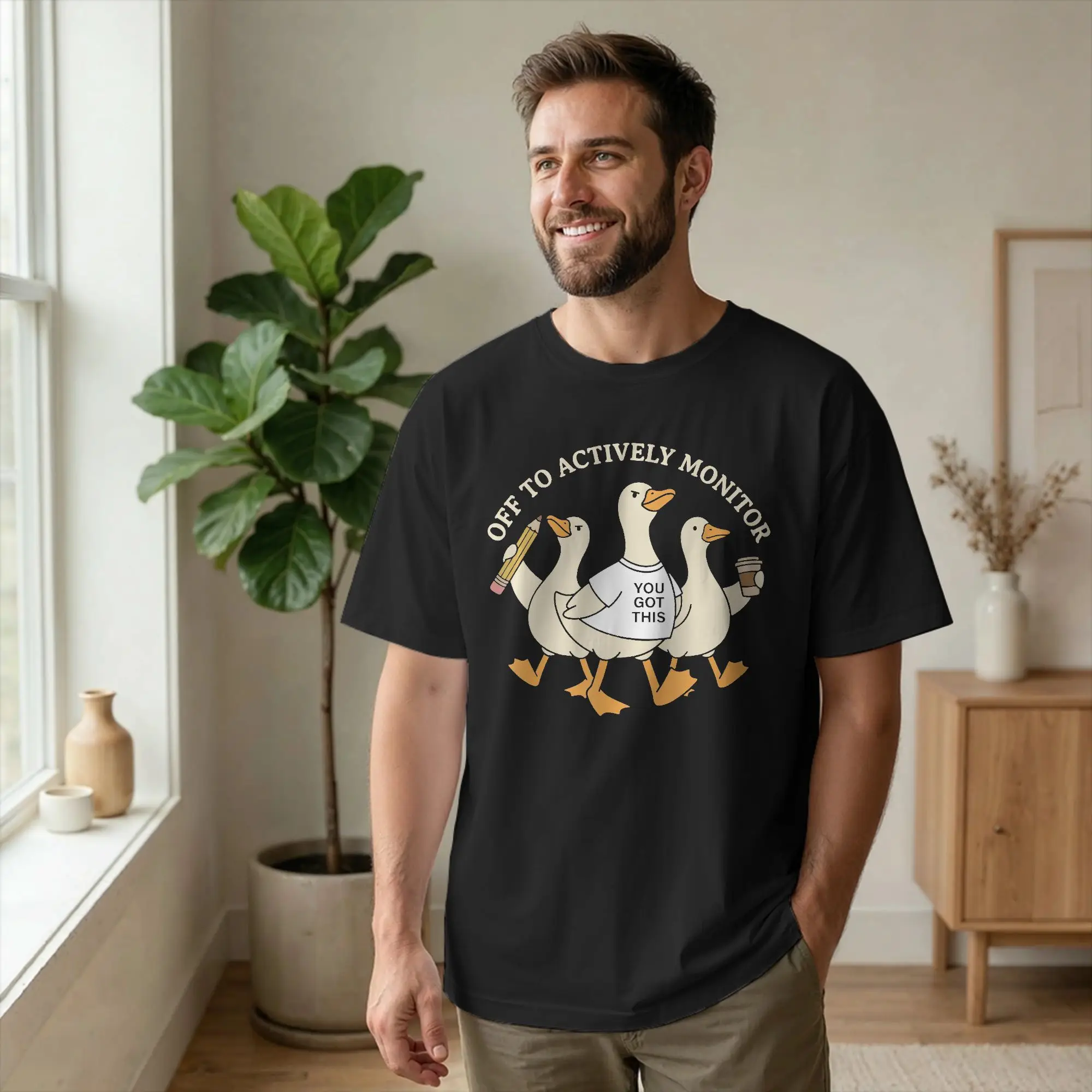Off to Actively Monitor Teacher Testing Day Goose T-Shirt for Men Unique Cotton Tees Round Collar Short Sleeve T Shirts merch