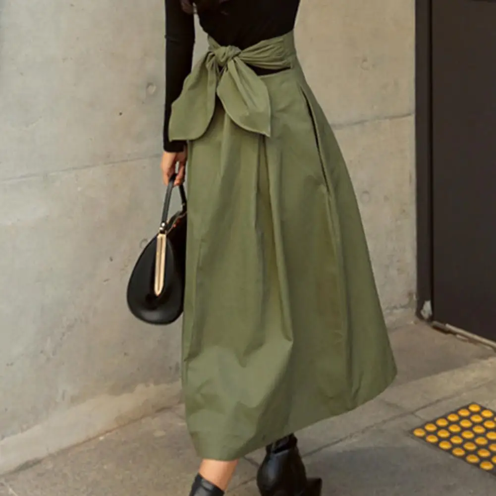 Women Elegant Solid Midi Skirts Spring Summer Fashion All-match Loose Half Dress Office Ladies Casual Bow High Waist Skirt