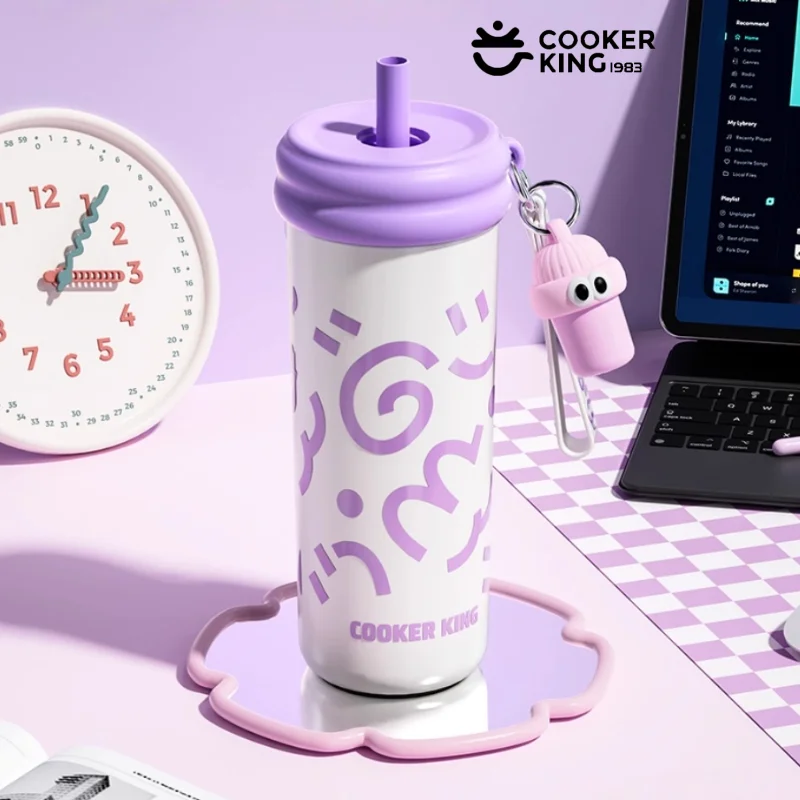 

COOKER KING 600ml Insulated Cup with Tea Strainer Straw Thermos Cup Stainless Steel Vacuum Flask Girls Students Hot & Cold Flask