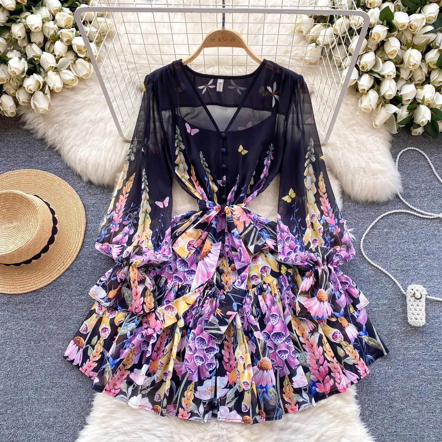 Sommer Landebahn wunderschöne Blume Chiffon Rüschen Mini kleid Frauen tief V-Ausschnitt Flare Ärmel Blumen druck Boho Robe Vestidos 6240