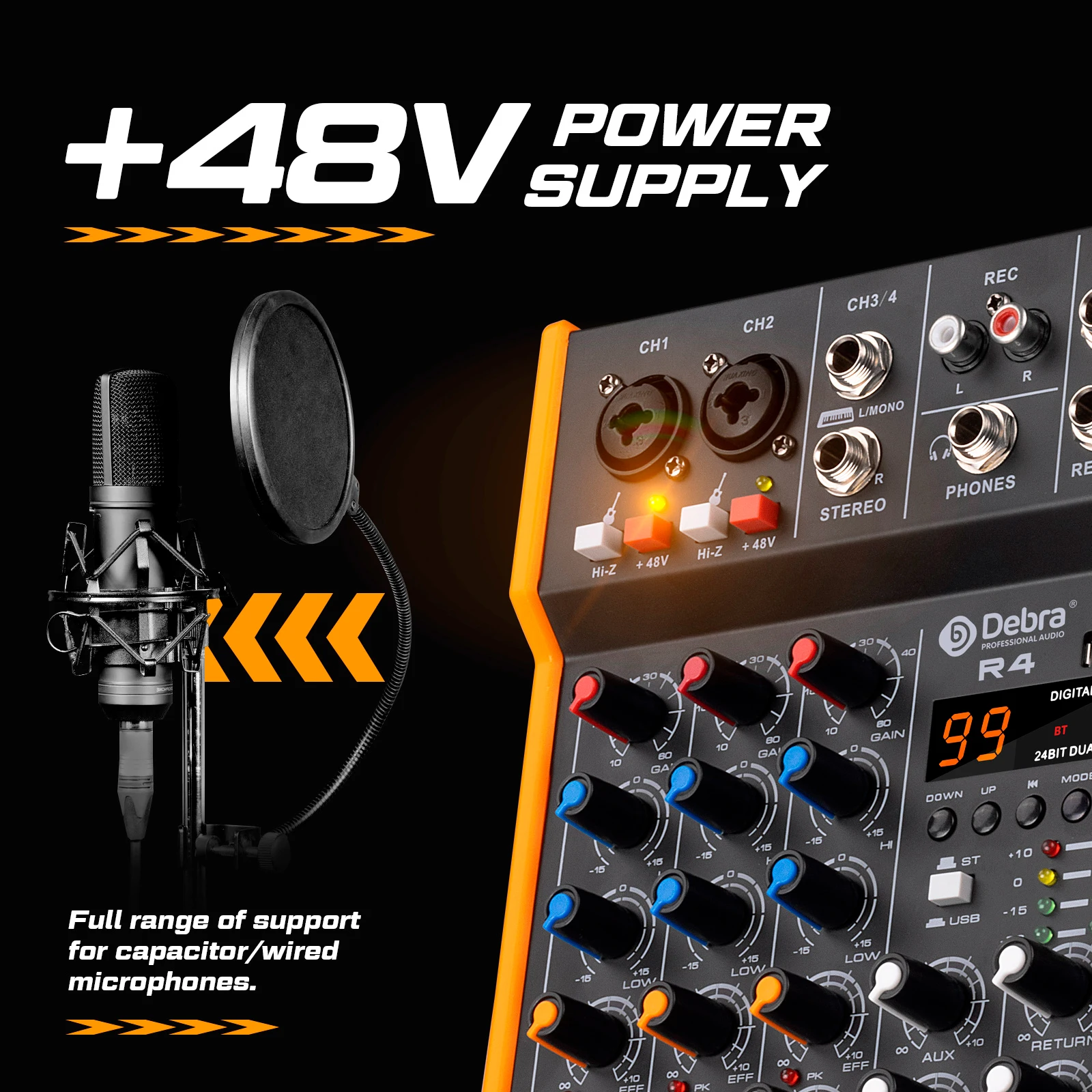 Debra جهاز مزج الصوت المعدني DJ وحدة التحكم OTG R4/R6 مع بلوتوث 48 فولت تأخير الطاقة تكرار تأثير لوحدة التحكم خلط الصوت تسجيل الكمبيوتر