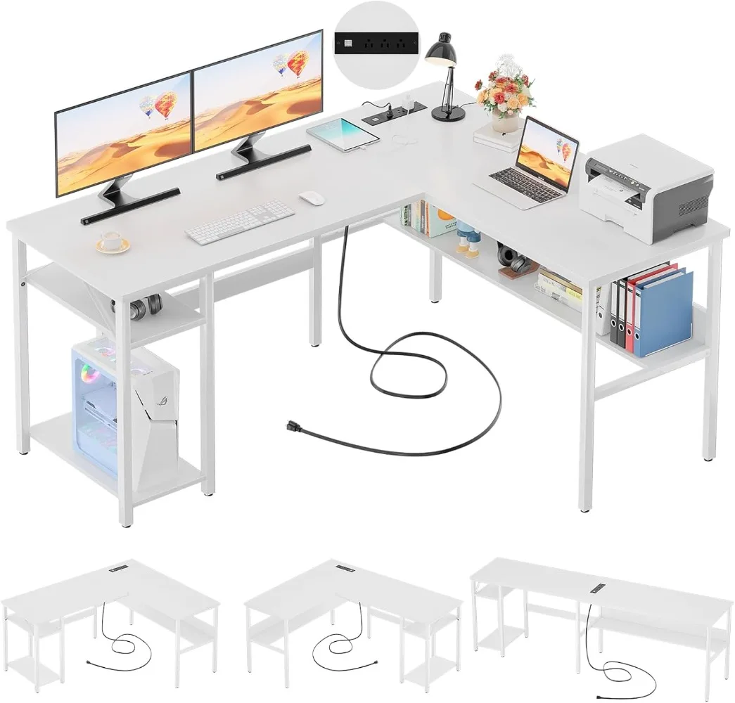 Reversible L Shaped Computer Desk with Outlets and USB Charging Ports with Storage Shelves for Home Office Easy Assemble White