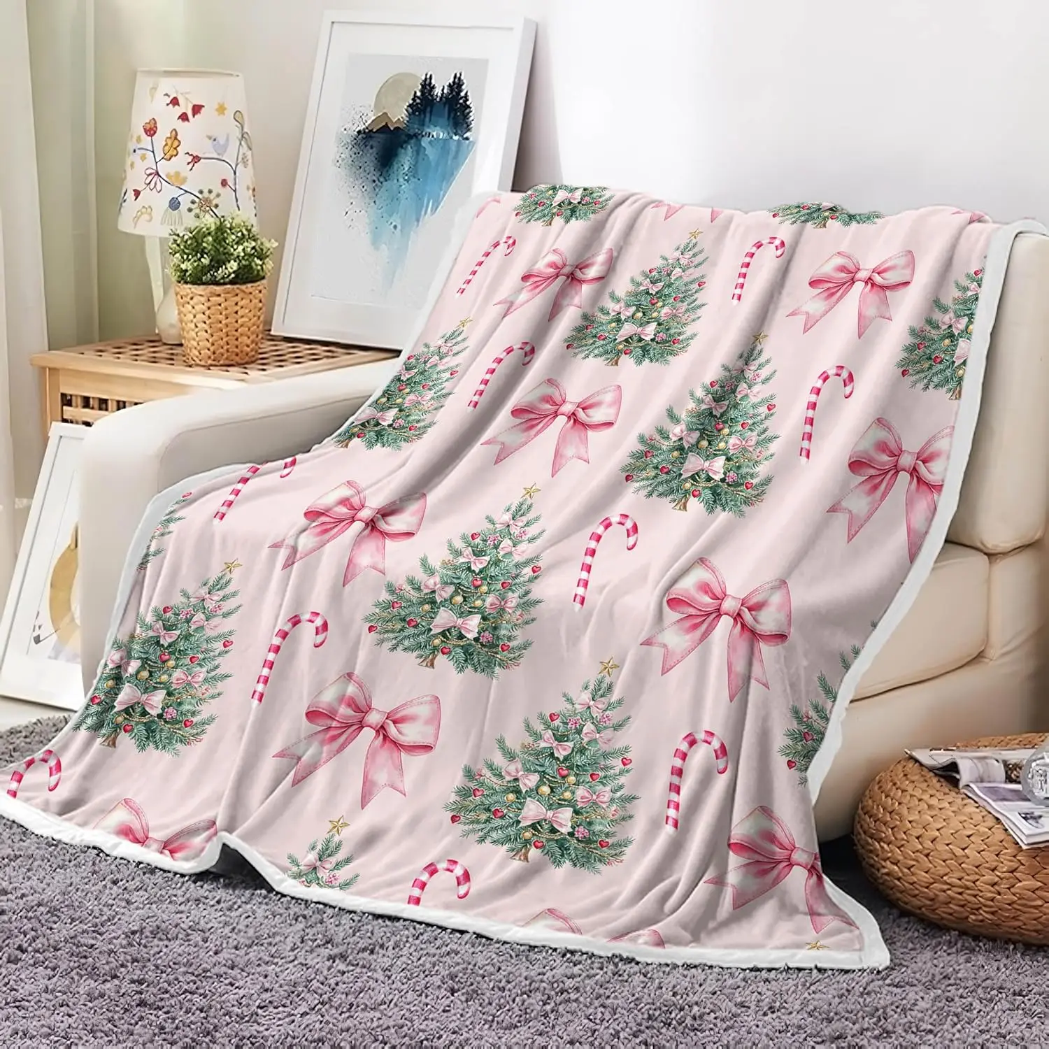 Whimsical Pink Christmas Throw Blanket, Christmas Trees Playful Candy Canes Flouncy Bows Soft Warm Cozy Plush Comfy Blanket for