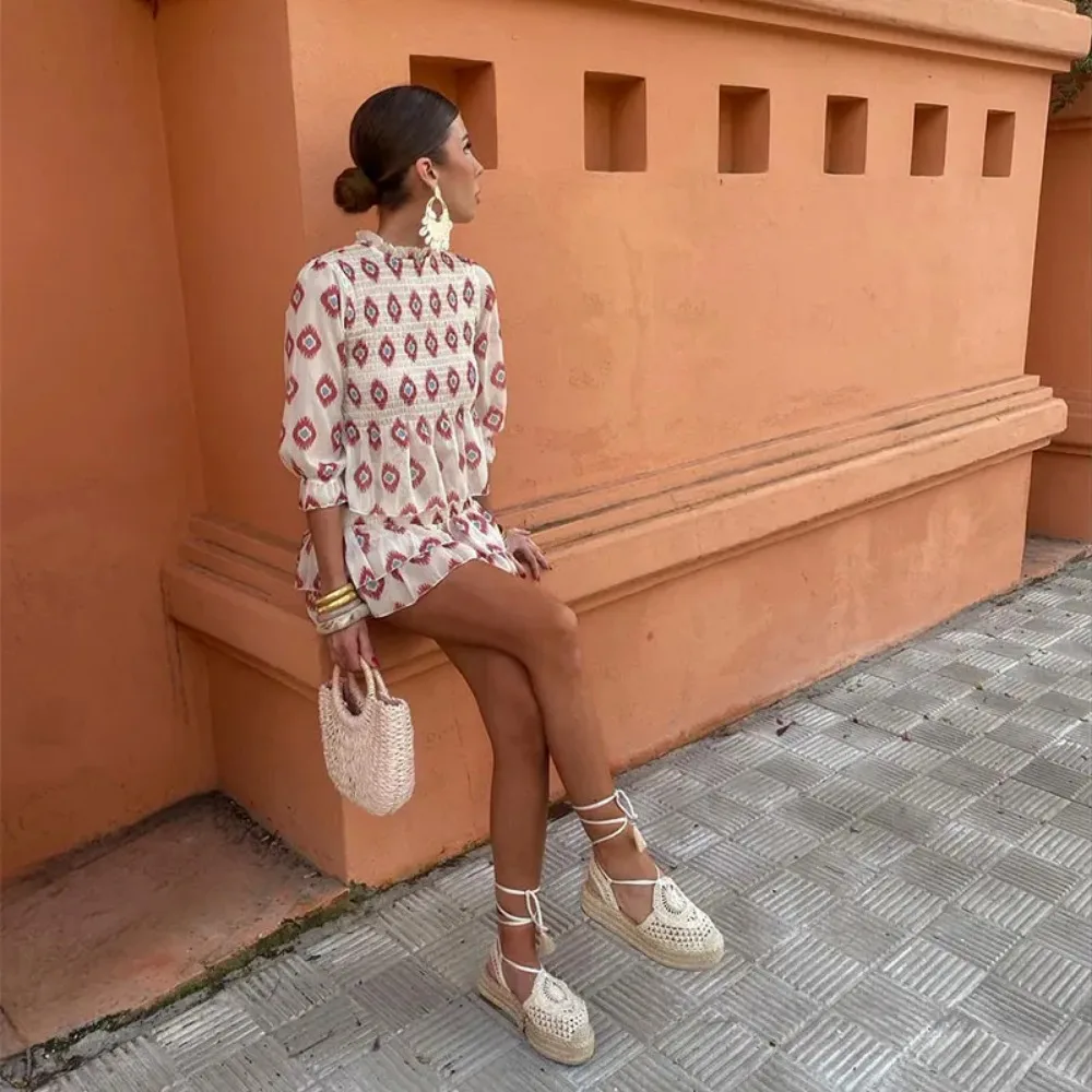 2024 Fashion Slim Ruffles Print Mini Skirt Suit Women Round Neck Half Sleeves 2 Pieces Sets Spring Summer Casual Vacation Outfit
