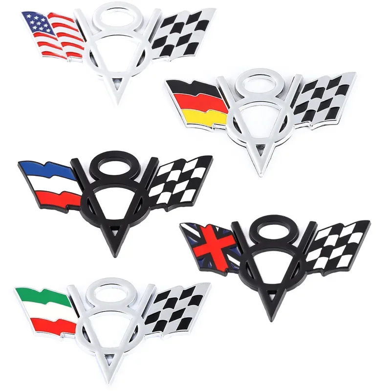 Metal V8 American Italy UK Germany US France National Flag Car Fender Rear trunk Bonnet Nameplate Decal Emblem Badge Sticker