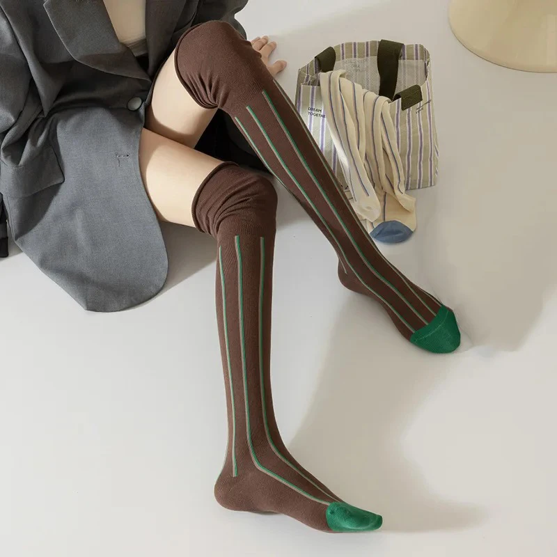 Women Vertical Stripes Clashing Color Stripes Long Stacked Socks Loose-fitting Knee-high Socks Pure Colored Thin Socks Calf Sock