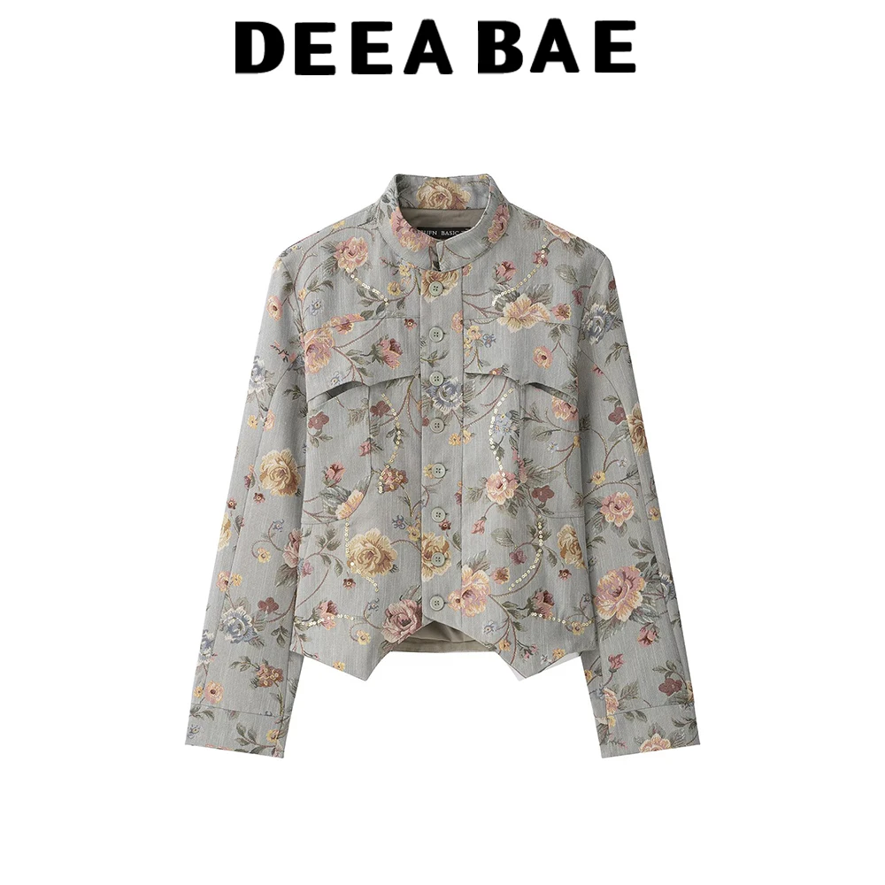 DEEABAE Early autumn new women's cotton long sleeved stand up collar pearl embellished jacquard suit asymmetrical jacket