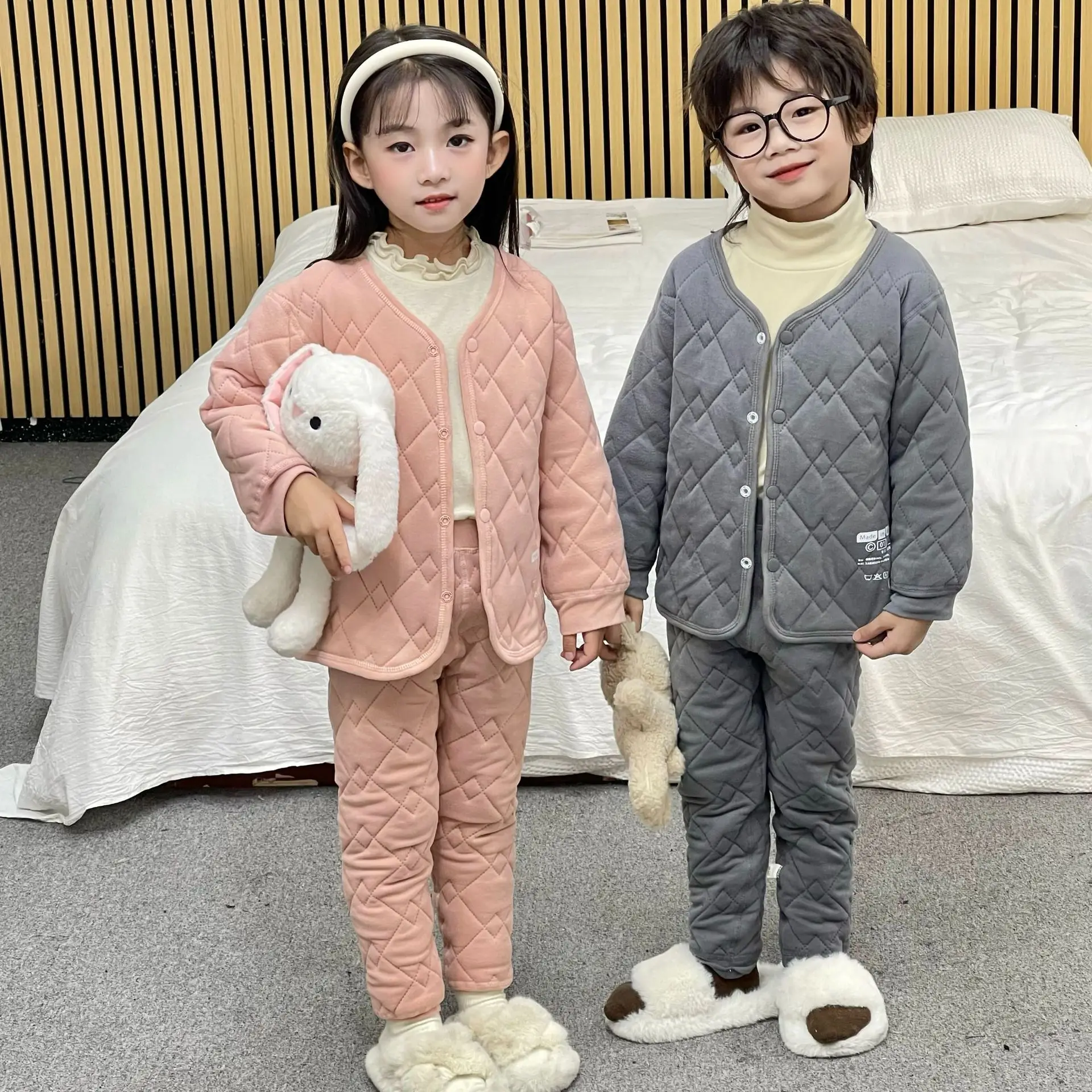 Children's Thicken Sets Boys Pajamas Suit Girls Winter Warm Outfits Kids Long-Sleeved Coat Trousers 2 Pcs Baby Casual Clothes