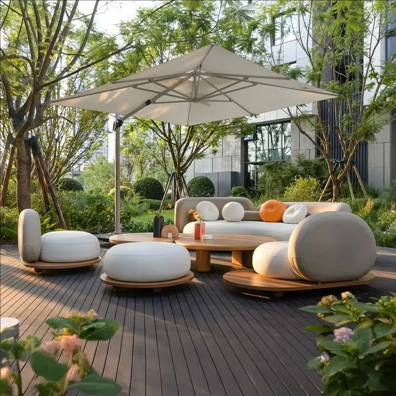 High-end teak outdoor sofa courtyard leisure garden villa terrace preservative solid wood coffee table combination creative roun
