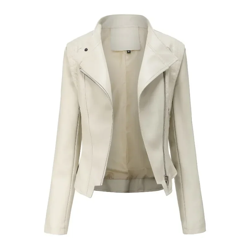 New PU Leather Lapel Women's Slim-fit Leather Jacket Spring and Autumn Thin Long Sleeve Stand Collar Coat Short Female Jacket