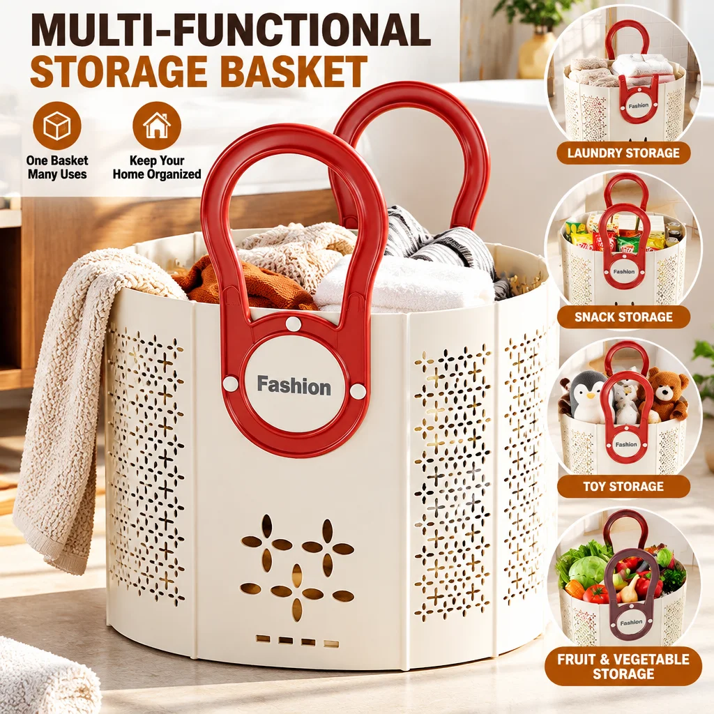 1SET Foldable Oval Laundry Basket Thickened PP Floral Hollow Vents Dual Handles 45x37x50cm Bathroom Laundry Room Home Organizers