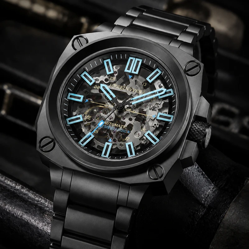 FEELNEVER New Skeleton Automatic Watches for Men Casual Business Sapphire Diver Watch Men Fashion Men's Mechanical Wristwatch