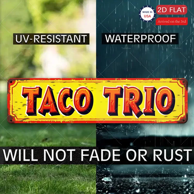 1 قطعة علامة معدنية، 4 × 16 بوصة "علامة "Retro 'Taco Trio" - فن معدني على الطراز العتيق لديكور المطبخ"