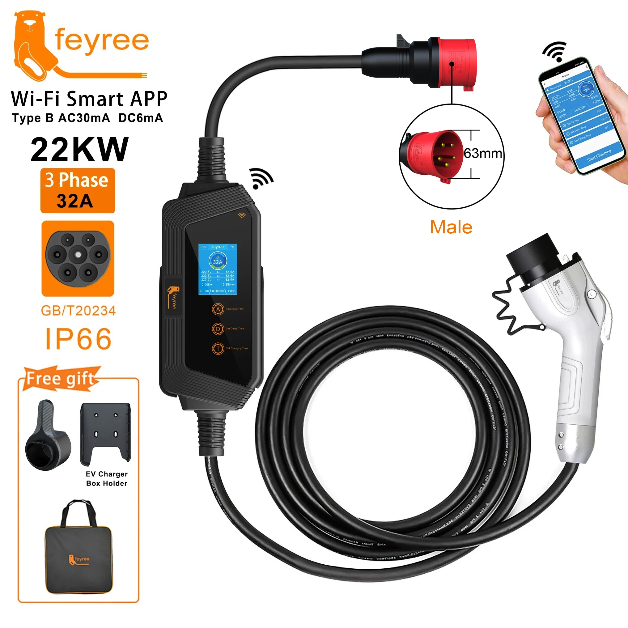 feyree Portable EV Charger GBT Plug 22KW 32A 3Phase EVSE Fast Charging Wi-Fi Smart APP Control for Electric Vehicle Car Charger